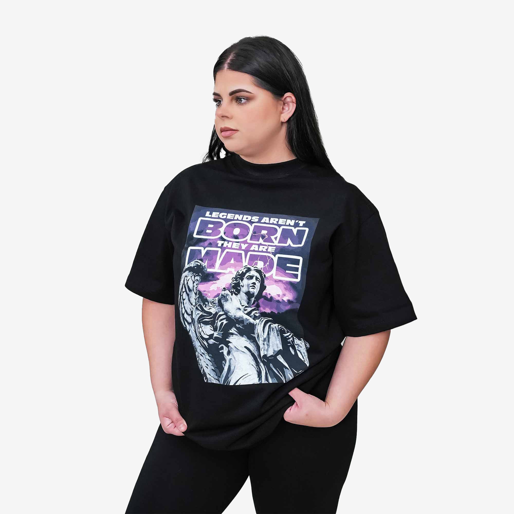 MadHaus Oversized Graphic T-Shirt Black & Purple Legends Quote