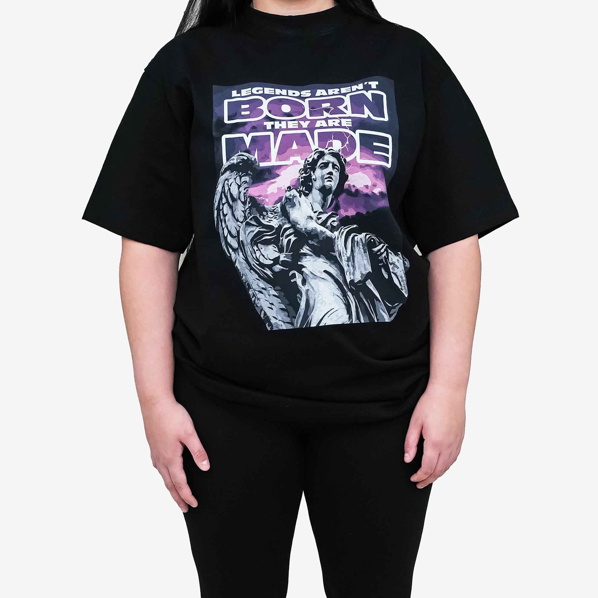 MadHaus Oversized Graphic T-Shirt Black & Purple Legends Quote